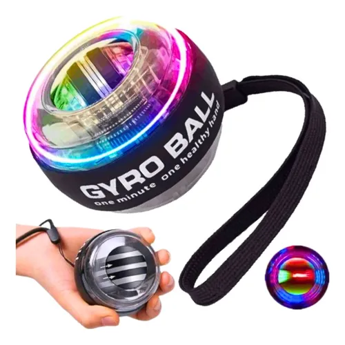 Gyroball ejercitador de muñeca negro con luces LED multicolor, diseño esférico transparente y correa de seguridad para la mano.