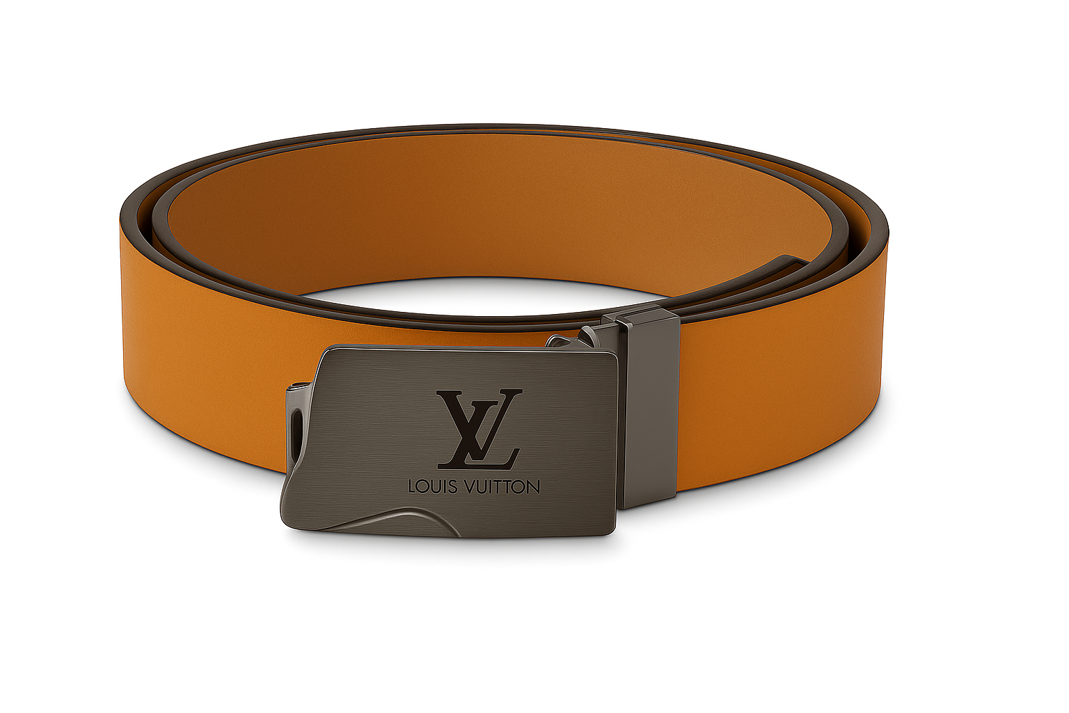 Correa Louis Vuitton de neotextil color naranja con hebilla metálica oscura grabada con el logo, mostrada en posición enrollada.