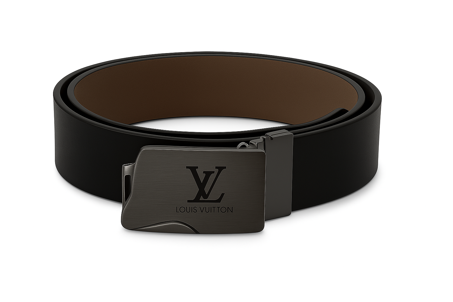 Correa reversible Louis Vuitton de neotextil negro y marrón con hebilla metálica oscura grabada con el logo de la marca.