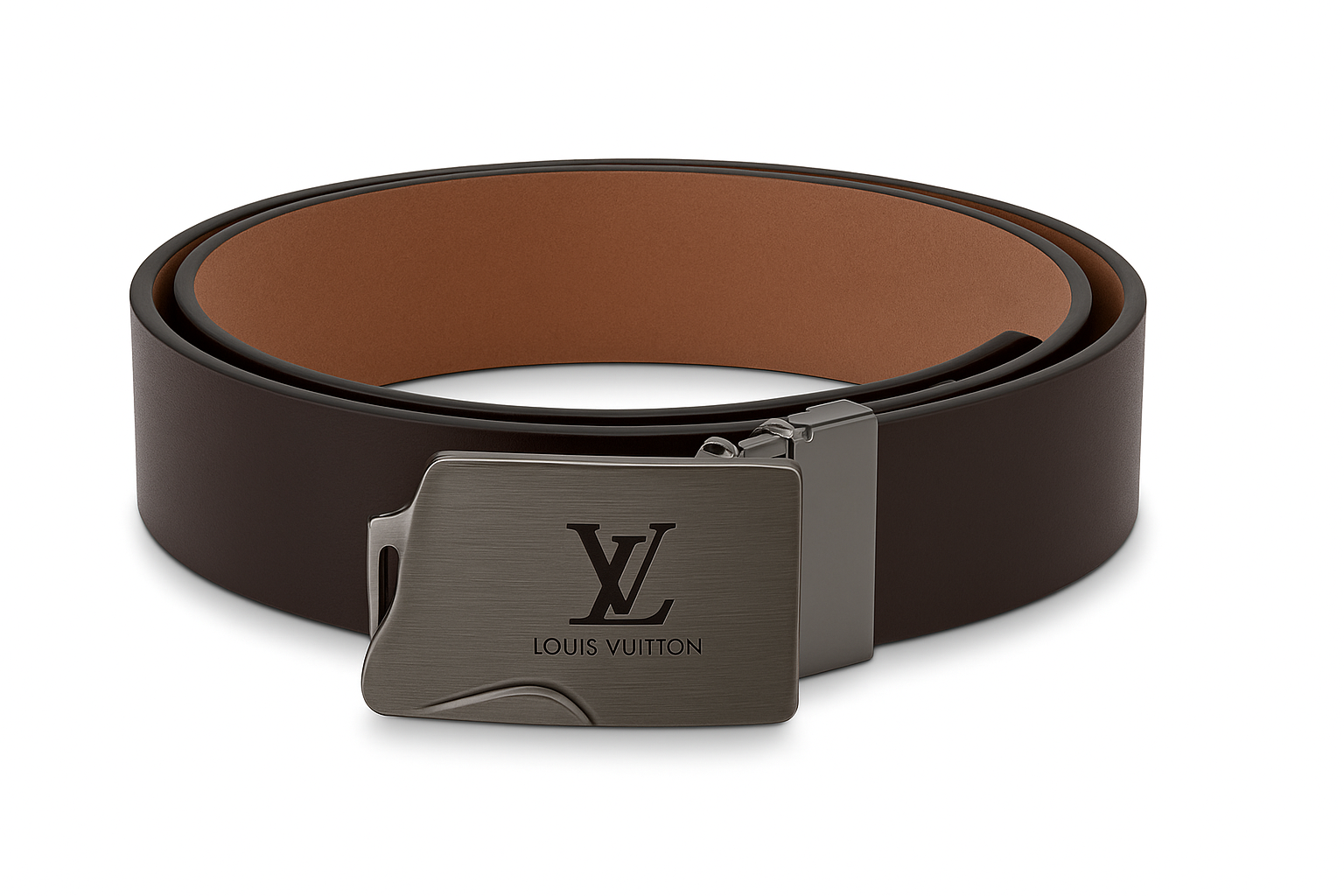 Correa reversible Louis Vuitton de neotextil con hebilla metálica mate grabada, en tonos marrón oscuro y café claro, vista en ángulo.