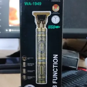 Empaque de la patillera inalámbrica Waer WA-1949 con diseño metálico dorado y grabados ornamentales, resaltando su función de carga USB.