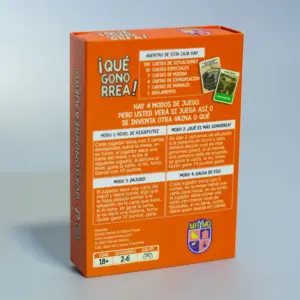 Caja de juego de mesa naranja con dorso descriptivo, lista de contenidos y detalles de cuatro modos de juego para adultos.