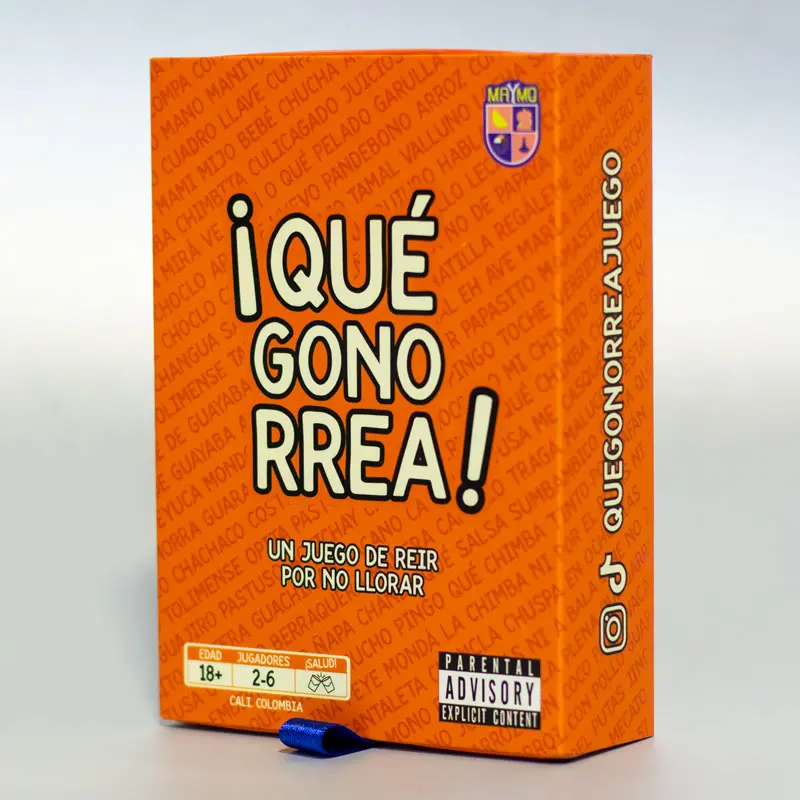Caja naranja vertical de juego de mesa para adultos con tipografía crema en relieve, advertencia para mayores de 18 y fondo con frases en serie.