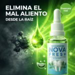 Gotero Nova Fresh de 30ml para eliminar el mal aliento. Frasco transparente con etiqueta azul sobre fondo verde brillante con gotas y destellos.