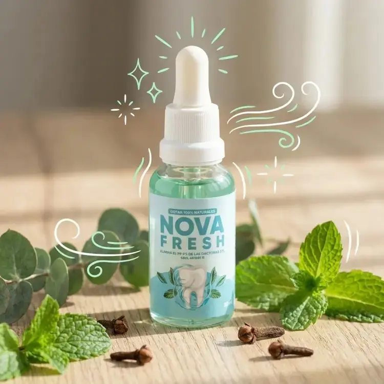 Frasco con gotero de Nova Fresh para el mal aliento de 30ml, líquido verde, rodeado de menta, eucalipto y clavos sobre madera.