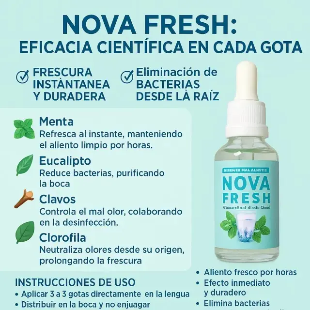 Frasco gotero de vidrio transparente con etiqueta celeste y blanca, junto a texto informativo con ingredientes naturales sobre fondo verde claro.