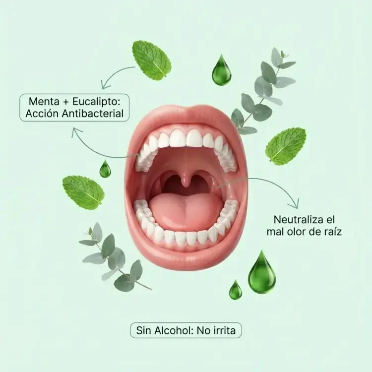 Nova Fresh bucal 30 ml con menta y eucalipto sobre fondo verde claro, sin alcohol y con acción antibacteriana para neutralizar el mal olor.