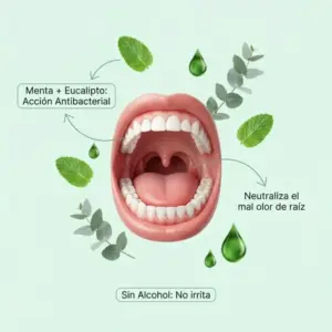 Enjuague bucal Nova Fresh 30 ml con extracto de menta y eucalipto para acción antibacterial, sin alcohol y de fórmula no irritante.