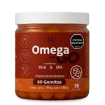 Frasco cilíndrico de plástico transparente con tapa blanca, etiqueta marrón y gomas naranjas, contenido neto de 180 gramos y 60 gomitas de omega 3.