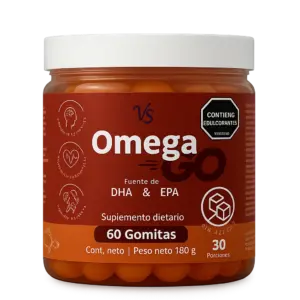 Frasco cilíndrico de plástico transparente con tapa blanca, etiqueta marrón y gomas naranjas, contenido neto de 180 gramos y 60 gomitas de omega 3.