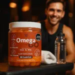 Frasco naranja de gomitas Omega 3 con DHA y EPA, 60 unidades y 180 g, sobre mesa de gimnasio junto a un hombre sonriente y botella de agua.