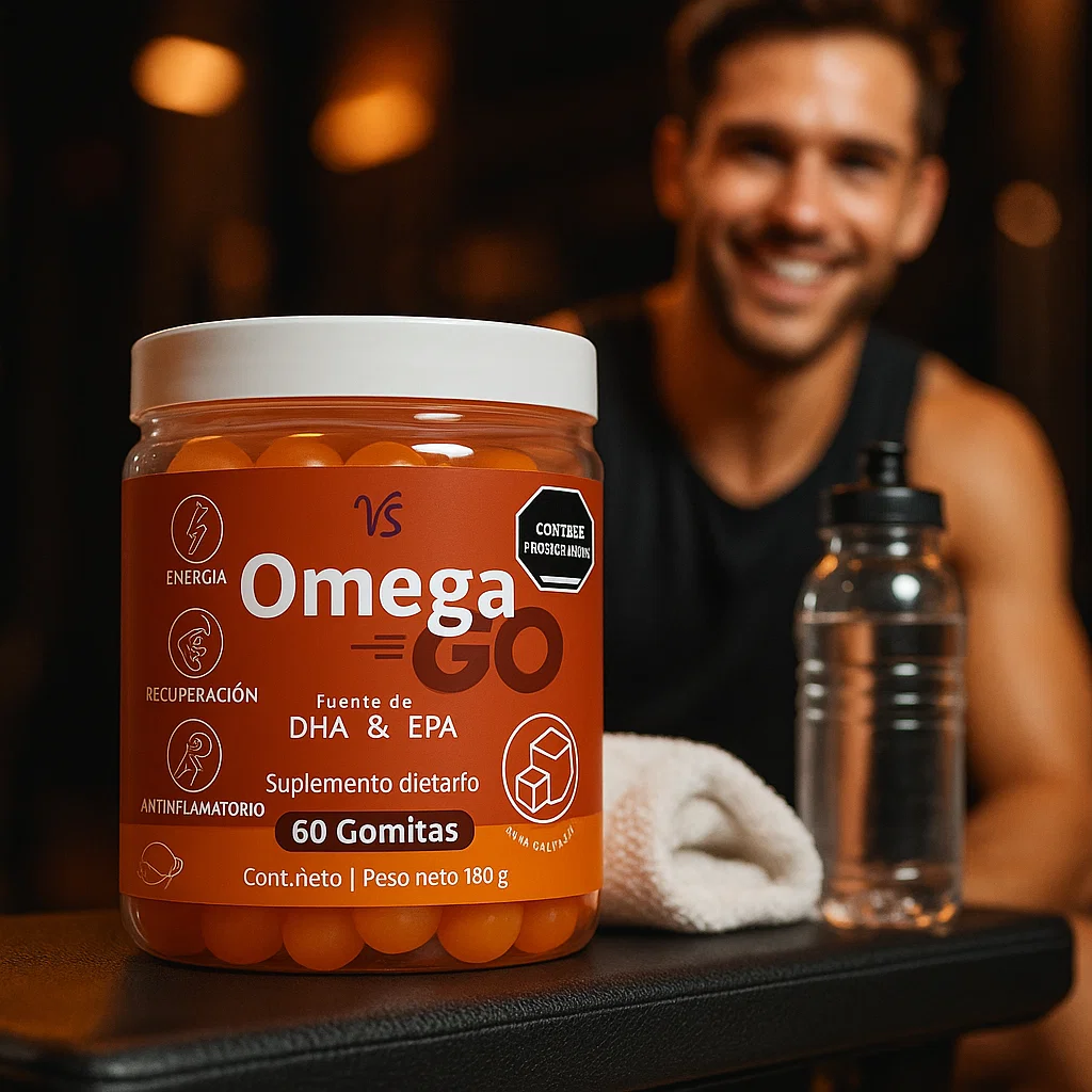 Frasco naranja de gomitas Omega 3 con DHA y EPA, 60 unidades y 180 g, sobre mesa de gimnasio junto a un hombre sonriente y botella de agua.