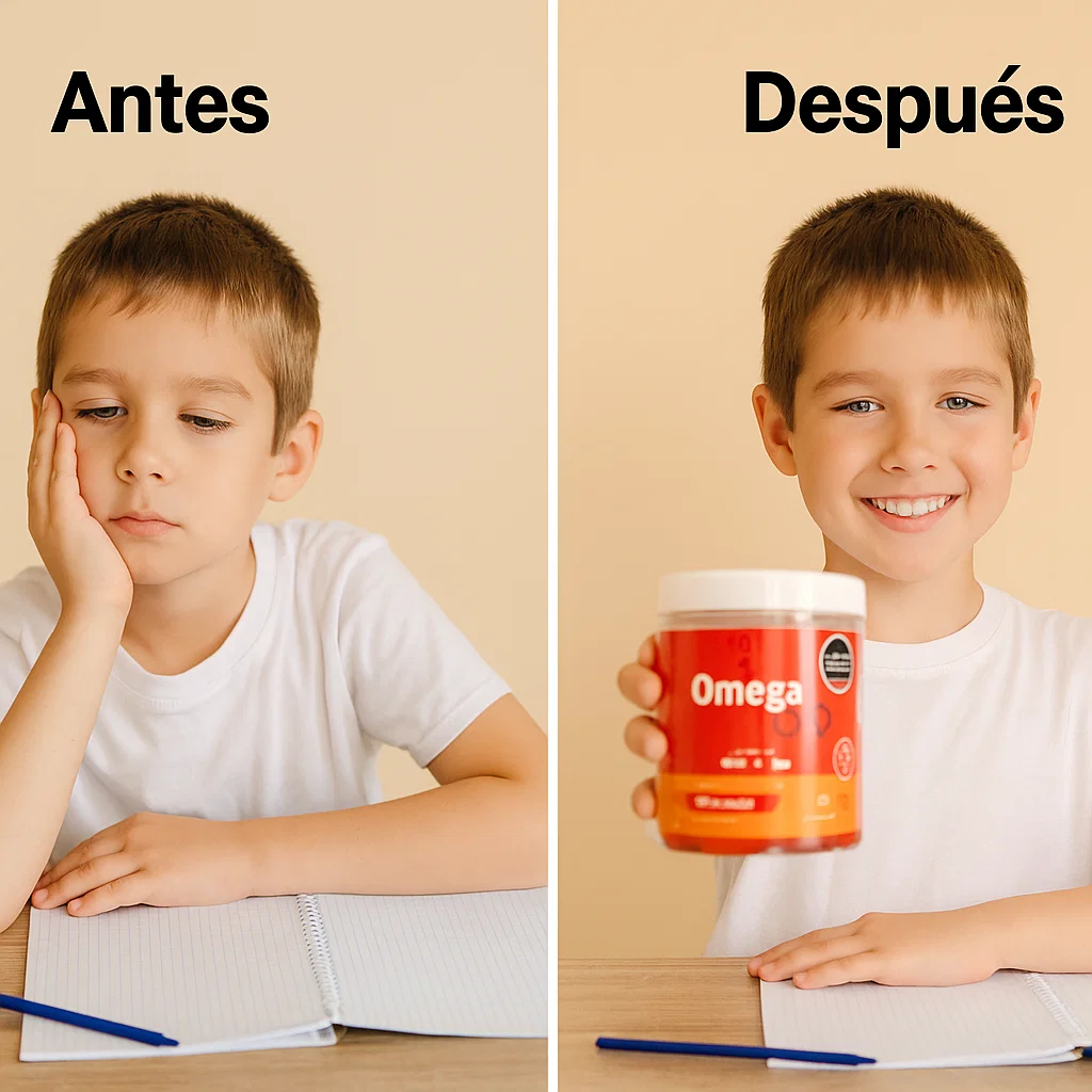 Comparativa de niño cansado estudiando antes y sonriente sosteniendo frasco rojo de Omega 3 en gomas después.