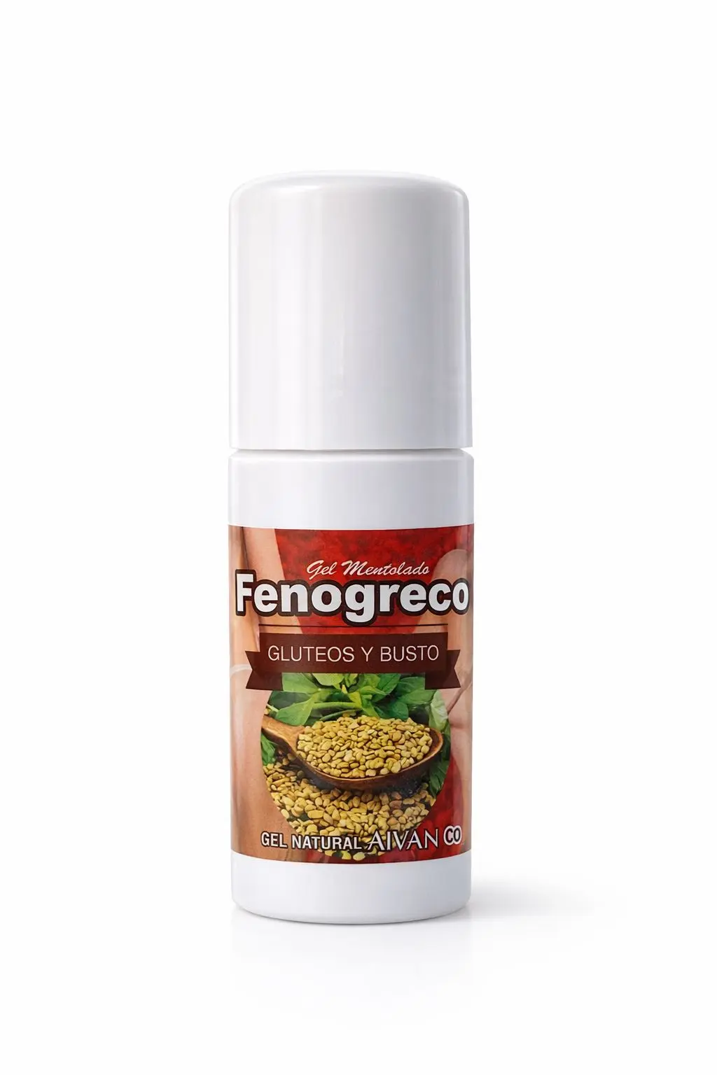 Frasco dosificador blanco de gel mentolado de fenogreco para glúteos y busto con etiqueta que muestra semillas y hoja verde.