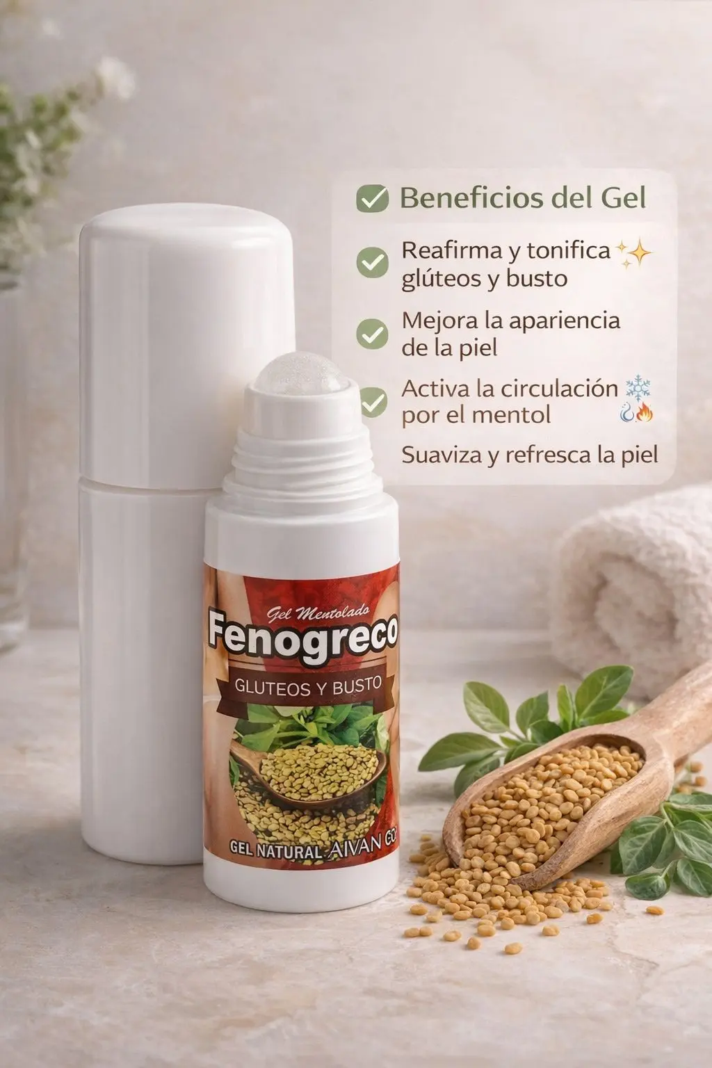 Gel de fenogreco y mentol en frasco blanco con aplicador roll on, acompañado de semillas y una toalla sobre superficie clara.