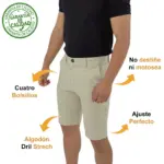 Bermuda de drill beige con tejido elástico para hombre, de cuatro bolsillos y ajuste perfecto, ideal para climas cálidos.