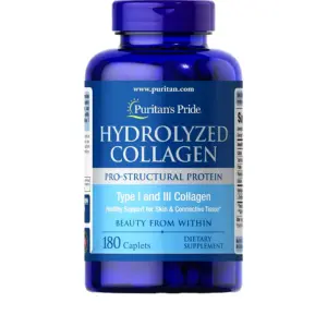 Frasco azul de colágeno hidrolizado Puritan's Pride con tapa morada, que contiene 180 capletas para piel y articulaciones.