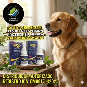 Pack de 2 frascos de gotas oftalmológicas para mascotas sobre mesa de madera junto a un perro dorado, ideal para proteger la visión.
