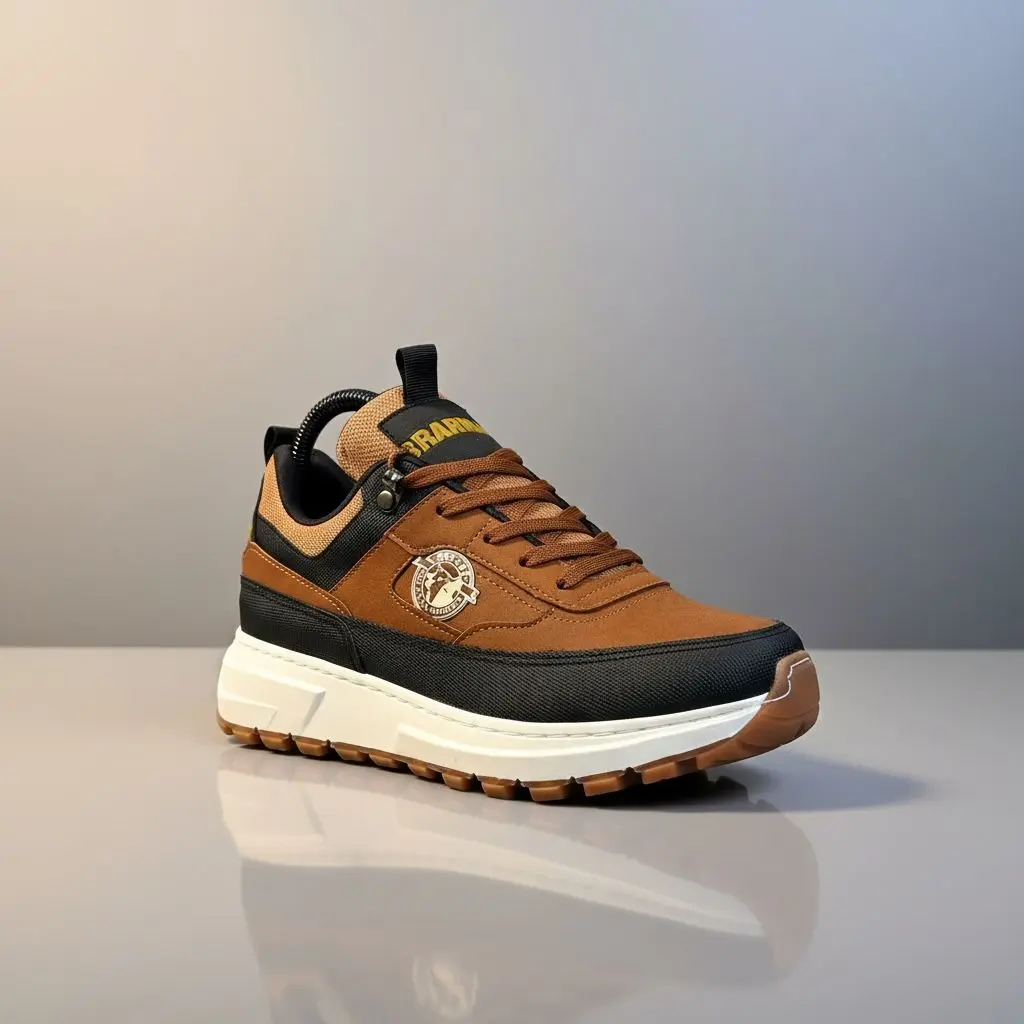 Zapatos casuales Brahma de material sintético marrón con detalles negros y suela gruesa de PVC blanca en estudio.