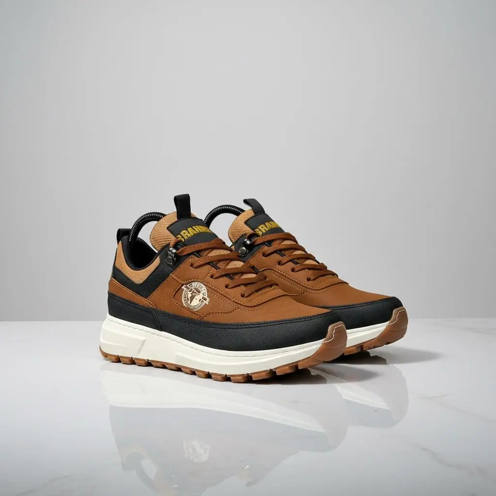 Zapatos casuales Brahma en material sintético marrón y negro con suela de PVC blanca, de corte bajo, cordones y diseño texturizado para uso diario.