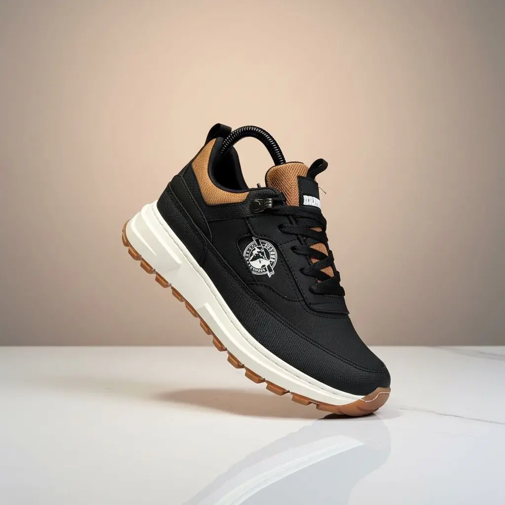 Zapatilla casual Brahma negra y marrón en material sintético con suela blanca y pisada de goma, ángulo lateral en superficie blanca.