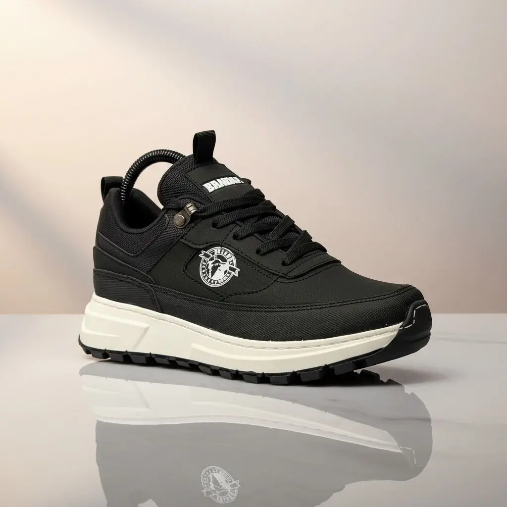 Zapatilla deportiva negra Brahma para hombre con suela blanca dentada, material sintético y logotipo lateral circular.