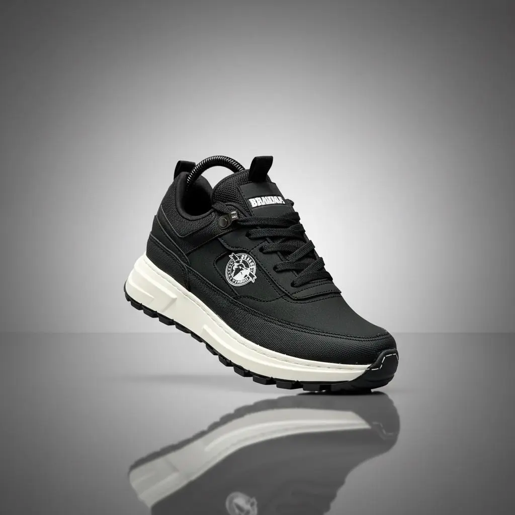 Zapatilla casual Brahma negra en material sintético con suela blanca y negra de PVC, vista lateral en ángulo flotando sobre superficie reflectante.