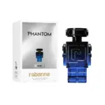 Perfume Paco Rabanne Phantom Intense con frasco azul degradado en forma de robot y caja blanca con detalles plateados y dorados