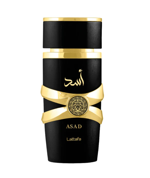 Perfume Lattafa Asad de 100 ml para hombre, botella cilíndrica negra con detalles y placa circular dorada en relieve con diseño de león