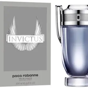 Perfume Paco Rabanne Invictus Eau de Toilette de 200 ml en frasco con forma de trofeo plateado y azul junto a su caja gris.