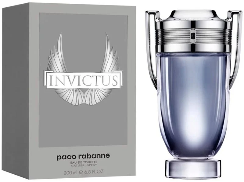 Perfume Paco Rabanne Invictus Eau de Toilette de 200 ml en frasco con forma de trofeo plateado y azul junto a su caja gris.