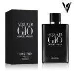 Perfume Giorgio Armani Acqua di Gio Profumo en frasco negro opaco y elegante, acompañado de su caja negra a juego.
