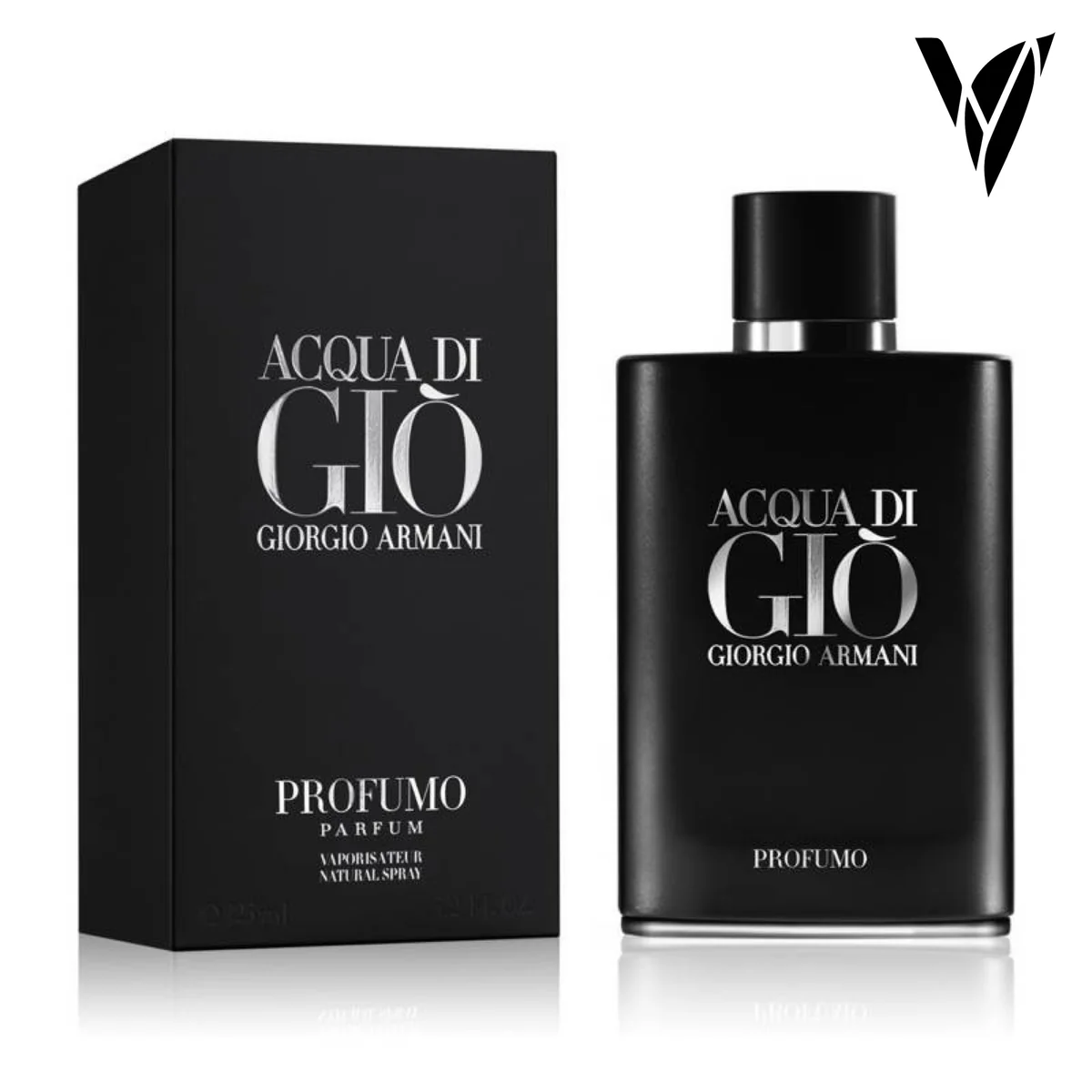 Perfume Giorgio Armani Acqua di Gio Profumo en frasco negro opaco y elegante, acompañado de su caja negra a juego.