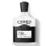 Perfume Creed Aventus para hombre con frasco transparente, parte inferior texturizada en negro y tapón cónico.