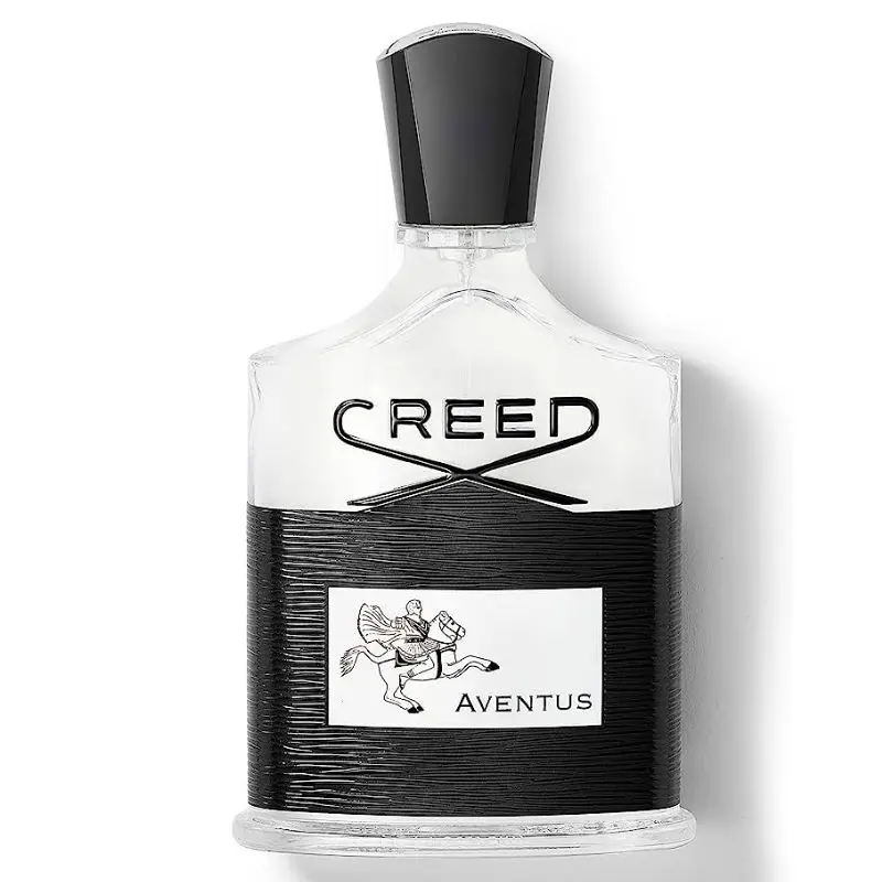 Perfume Creed Aventus para hombre con frasco transparente, parte inferior texturizada en negro y tapón cónico.