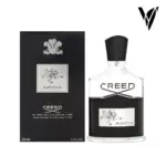 Perfume masculino Creed Aventus de 100 ml en botella de vidrio transparente con etiqueta plateada, tapa negra y caja rectangular a juego.