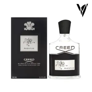 Perfume masculino Creed Aventus de 100 ml en botella de vidrio transparente con etiqueta plateada, tapa negra y caja rectangular a juego.