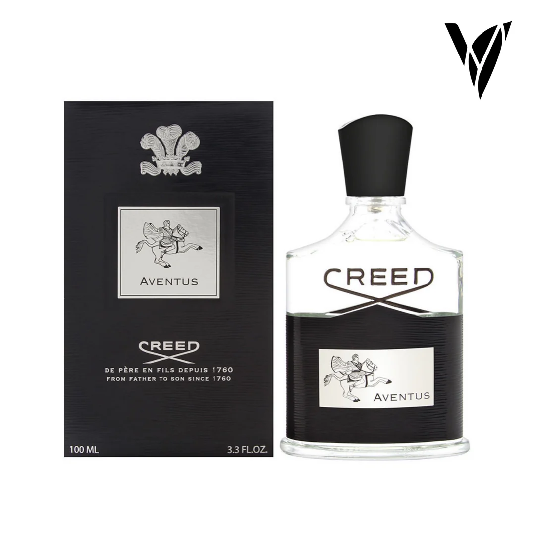 Perfume masculino Creed Aventus de 100 ml en botella de vidrio transparente con etiqueta plateada, tapa negra y caja rectangular a juego.