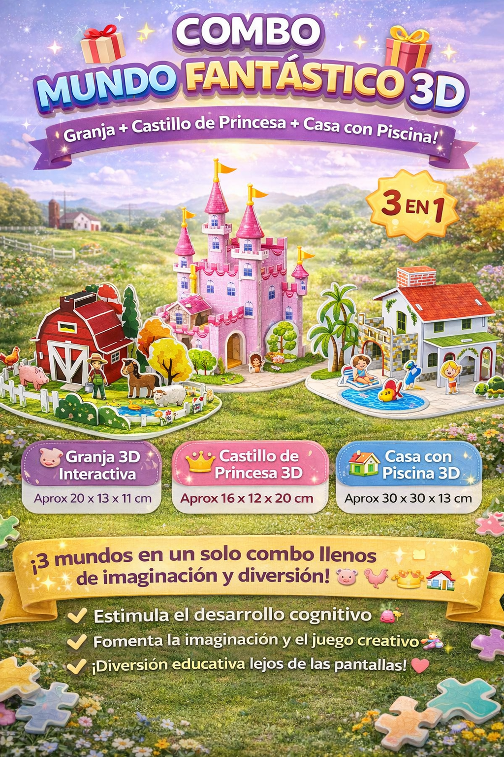 Rompecabezas 3D Pack 3 Modelos Castillo Granja y Casa - Estimula la creatividad infantil sin pantallas
