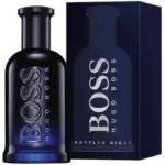 Perfume Hugo Boss Bottled Night Eau de Toilette de 100 ml en frasco cilíndrico azul oscuro brillante con caja azul a juego.