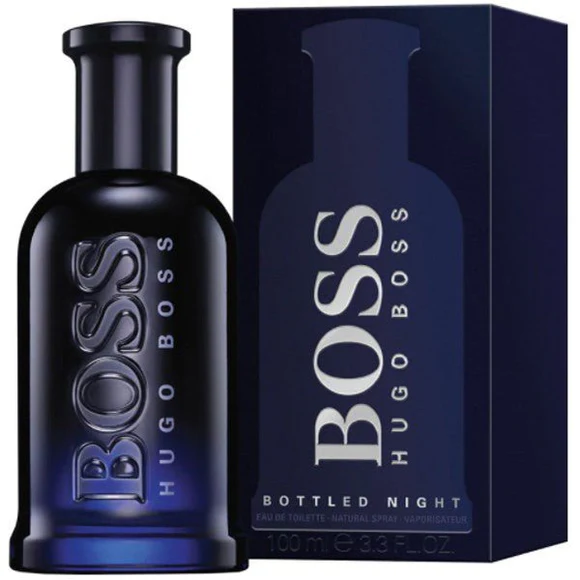 Perfume Hugo Boss Bottled Night Eau de Toilette de 100 ml en frasco cilíndrico azul oscuro brillante con caja azul a juego.