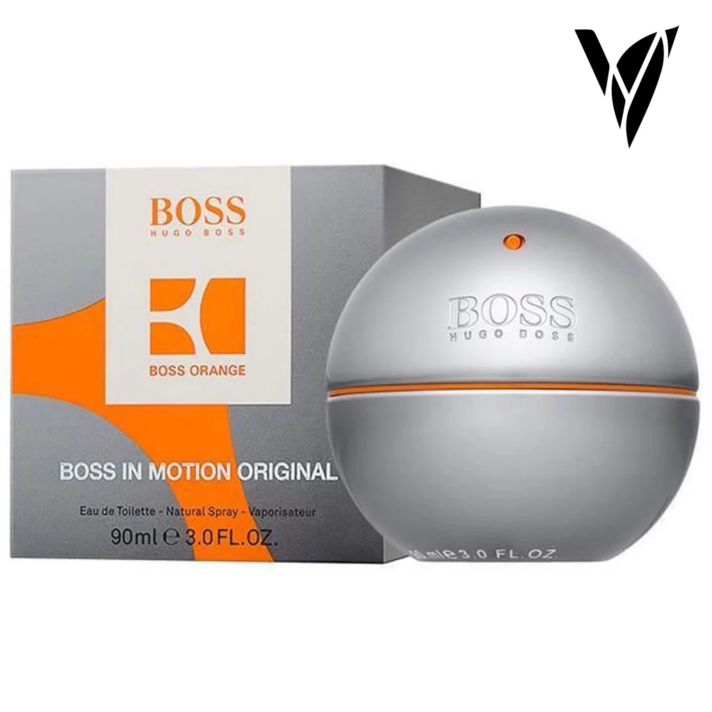 Perfume masculino Hugo Boss In Motion Original en frasco esférico plateado con detalles naranjas, junto a su caja gris de 90 ml.