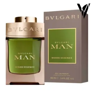 Perfume Bvlgari Man Wood Essence Eau de Parfum 100 ml para hombre con frasco verde, detalles dorados y caja marrón.