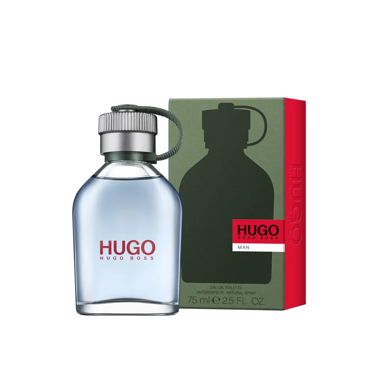 Perfume Hugo Boss Man de 75 ml, botella de vidrio transparente con líquido azul, tapa plateada con cordón verde y caja verde con rojo.