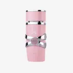 Perfume Yara Rosado Lattafa 100 ml con atomizador frasco cilíndrico rosa con detalles plateados y sello central brillante