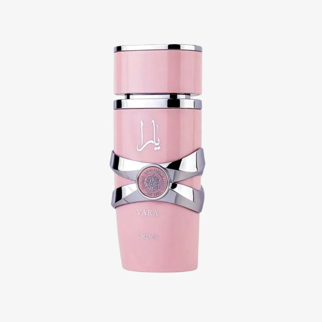 Perfume Yara Rosado Lattafa 100 ml con atomizador frasco cilíndrico rosa con detalles plateados y sello central brillante