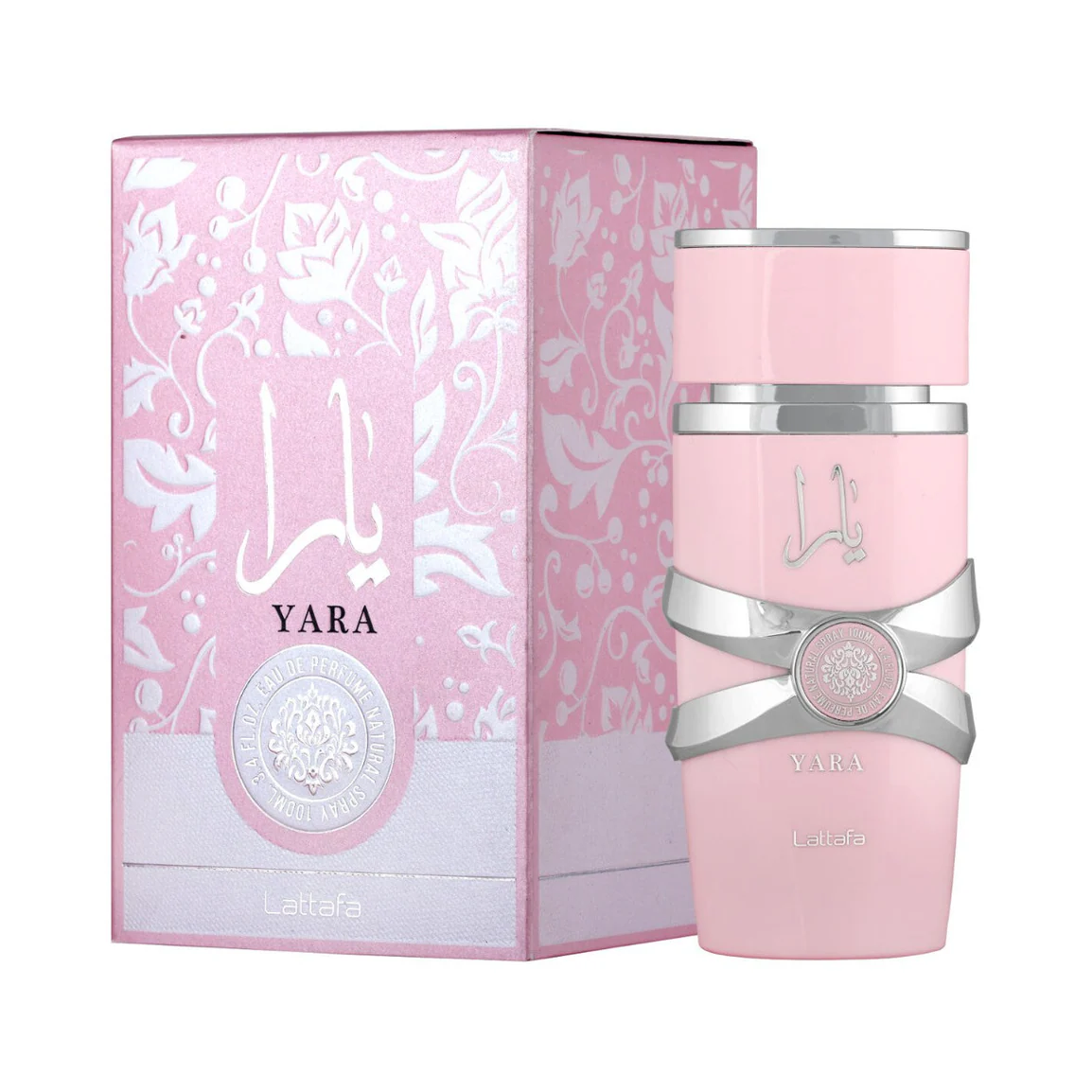 Perfume Lattafa Yara de mujer de 100 ml con atomizador, botella y caja rosa con detalles plateados y diseño floral en relieve.