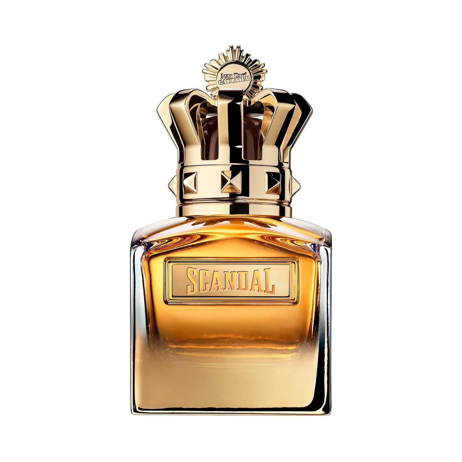 Perfume Jean Paul Gaultier Scandal Absolu para hombre de 100 ml con frasco cuadrado ámbar y tapón dorado en forma de corona.