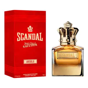 Perfume Jean Paul Gaultier Scandal Absolu Hombre 100 ml con su caja roja brillante y botella con tapa dorada en forma de corona.