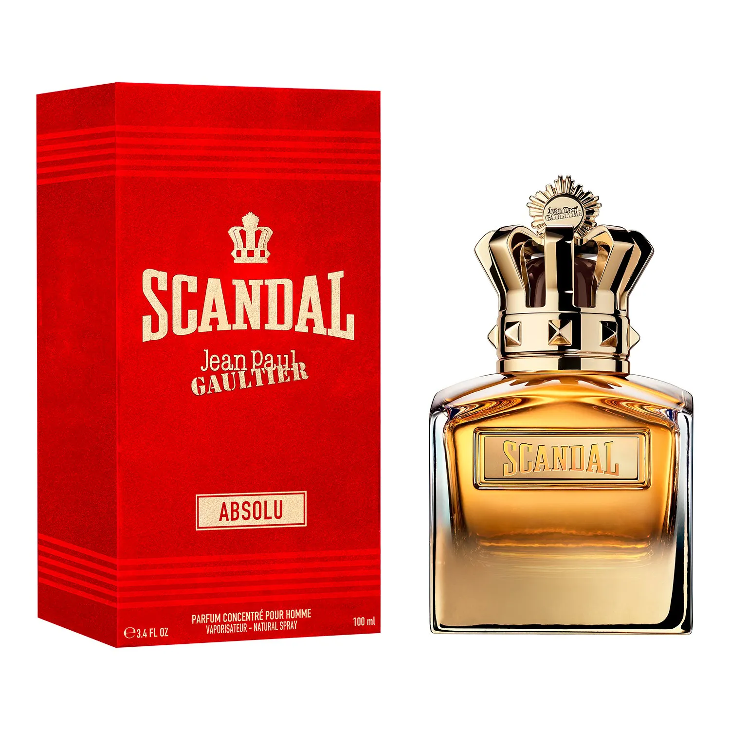 Perfume Jean Paul Gaultier Scandal Absolu Hombre 100 ml con su caja roja brillante y botella con tapa dorada en forma de corona.